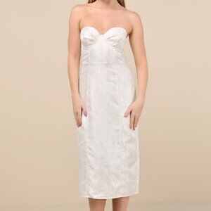 Lulus Adena White Jacquard Strapless Bustier Midi Dress - Size S